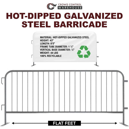 30 Pack - 8.5 Ft Hot - Dipped Galvanized Steel Barricades + Storage Cart - Crowd Control Warehouse