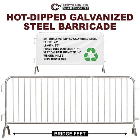 8.5 Ft Hot - Dipped Galvanized Steel Barricade - Crowd Control Warehouse