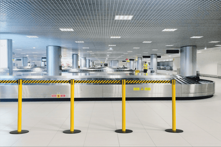 Retractable Belt Barrier Stanchion, Low Profile Steel Base, Black Post, 11 Ft. Belt - Montour Line MX630 - Crowd Control Warehouse