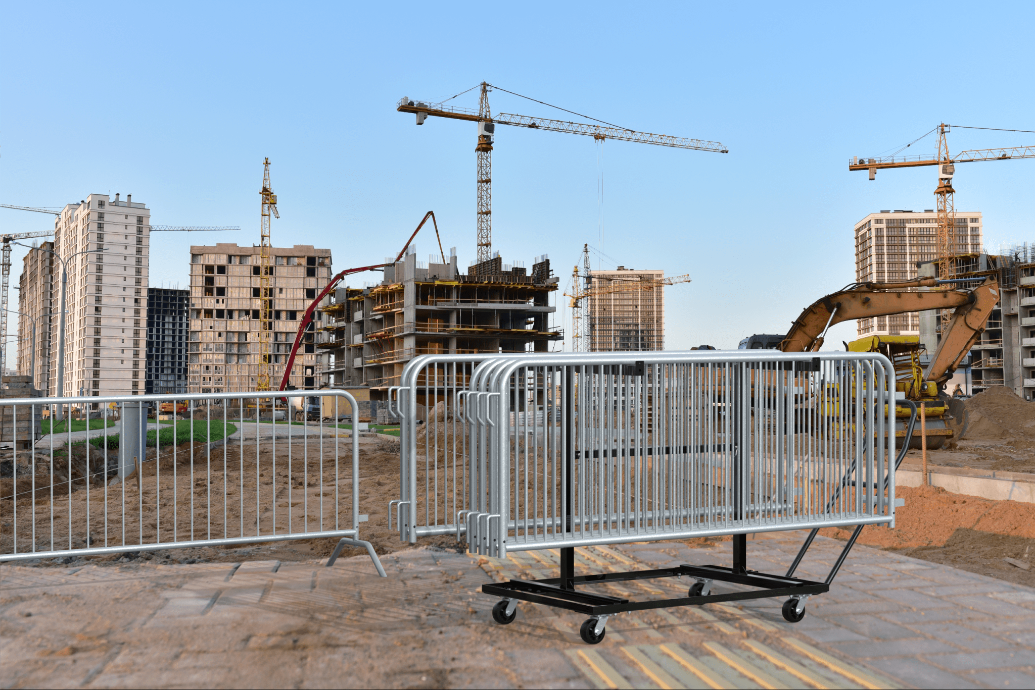 30 Pack - 8.5 Ft Economy Pre - Galvanized Steel Barricades + Storage Cart - Crowd Control Warehouse