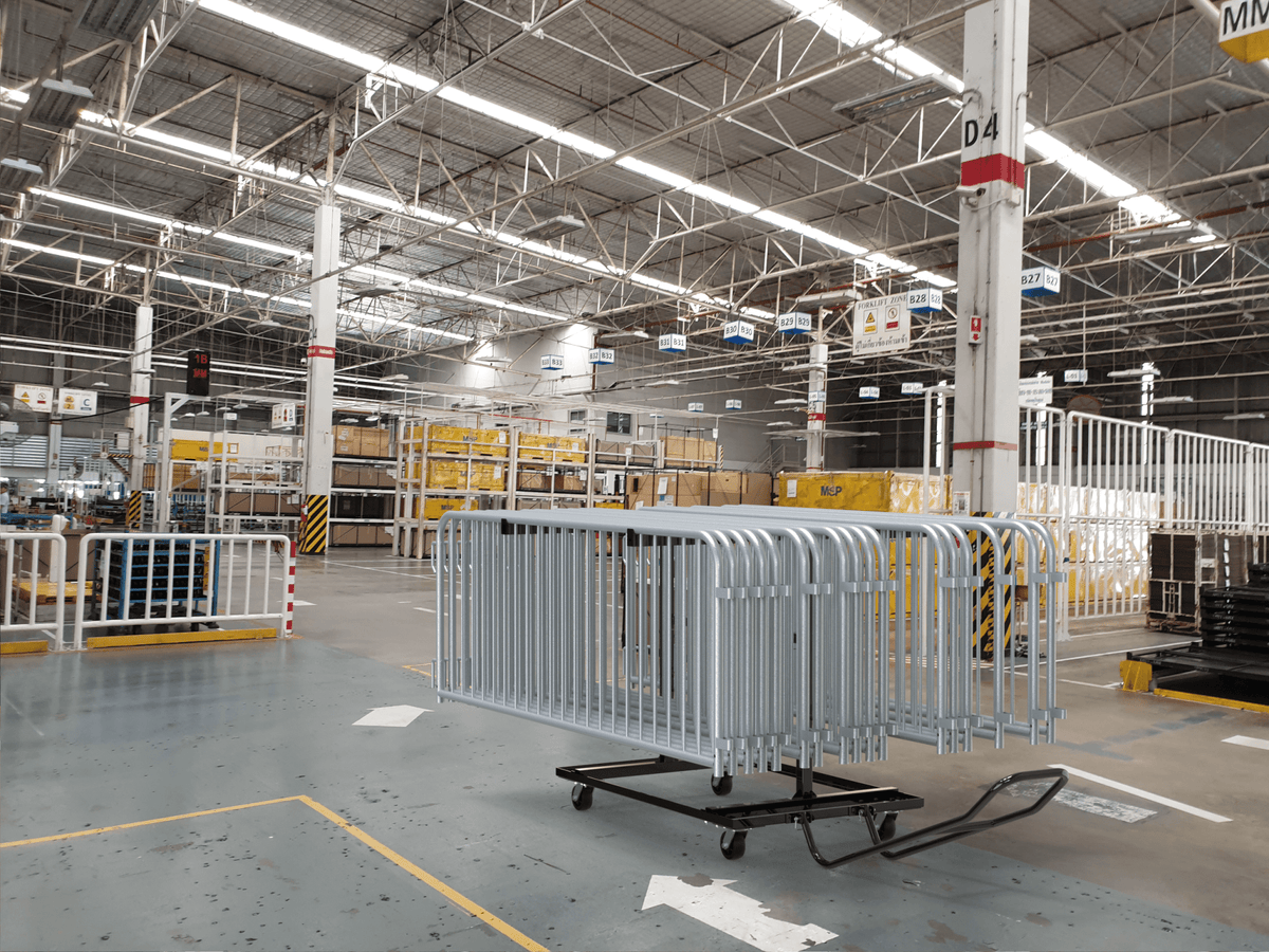 30 Pack - 8.5 Ft Economy Pre - Galvanized Steel Barricades + Storage Cart - Crowd Control Warehouse
