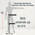 Retractable Dual Belt Barrier Stanchion, Cast Iron Base, Polished Stainless Steel Post, 9 ft Belt - Montour Line MI630D