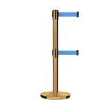 Retractable Dual Belt Barrier Stanchion, Cast Iron Base, Satin Brass Post, 11 ft Belt - Montour Line MI630D