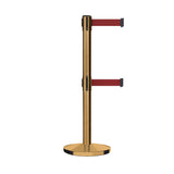 Retractable Dual Belt Barrier Stanchion, Cast Iron Base, Satin Brass Post, 11 ft Belt - Montour Line MI630D