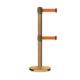 Retractable Dual Belt Barrier Stanchion, Cast Iron Base, Satin Brass Post, 11 ft Belt - Montour Line MI630D