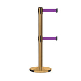 Retractable Dual Belt Barrier Stanchion, Cast Iron Base, Satin Brass Post, 11 ft Belt - Montour Line MI630D