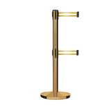 Retractable Dual Belt Barrier Stanchion, Cast Iron Base, Satin Brass Post, 11 ft Belt - Montour Line MI630D