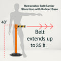 Retractable Belt Barrier Stanchion, Rubber Base, Orange Post, 35 ft Belt - Montour Line MSR760