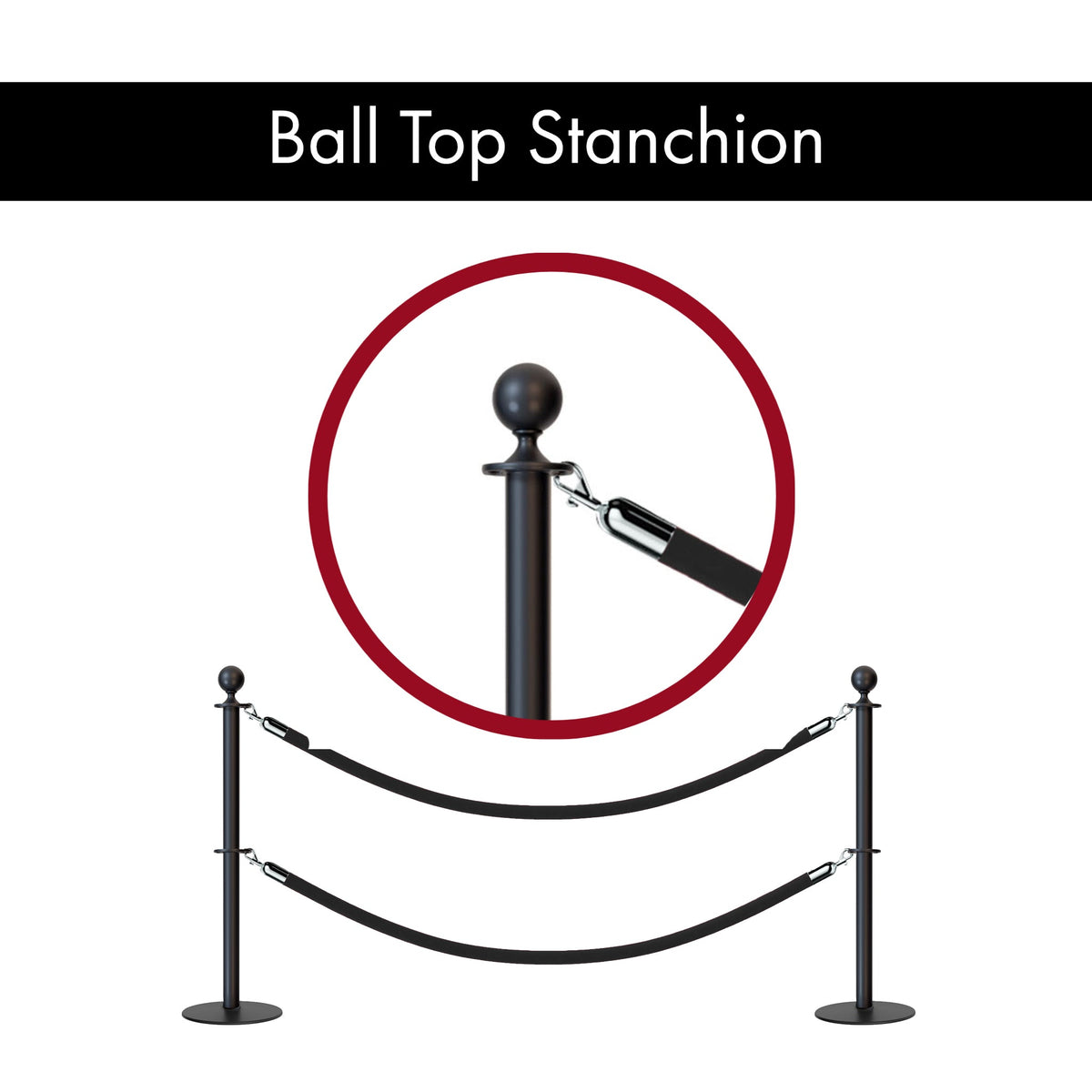 Ball Top Dual Rope Stanchion with Low Profile Base - Montour Line CXLineD - Crowd Control Warehouse