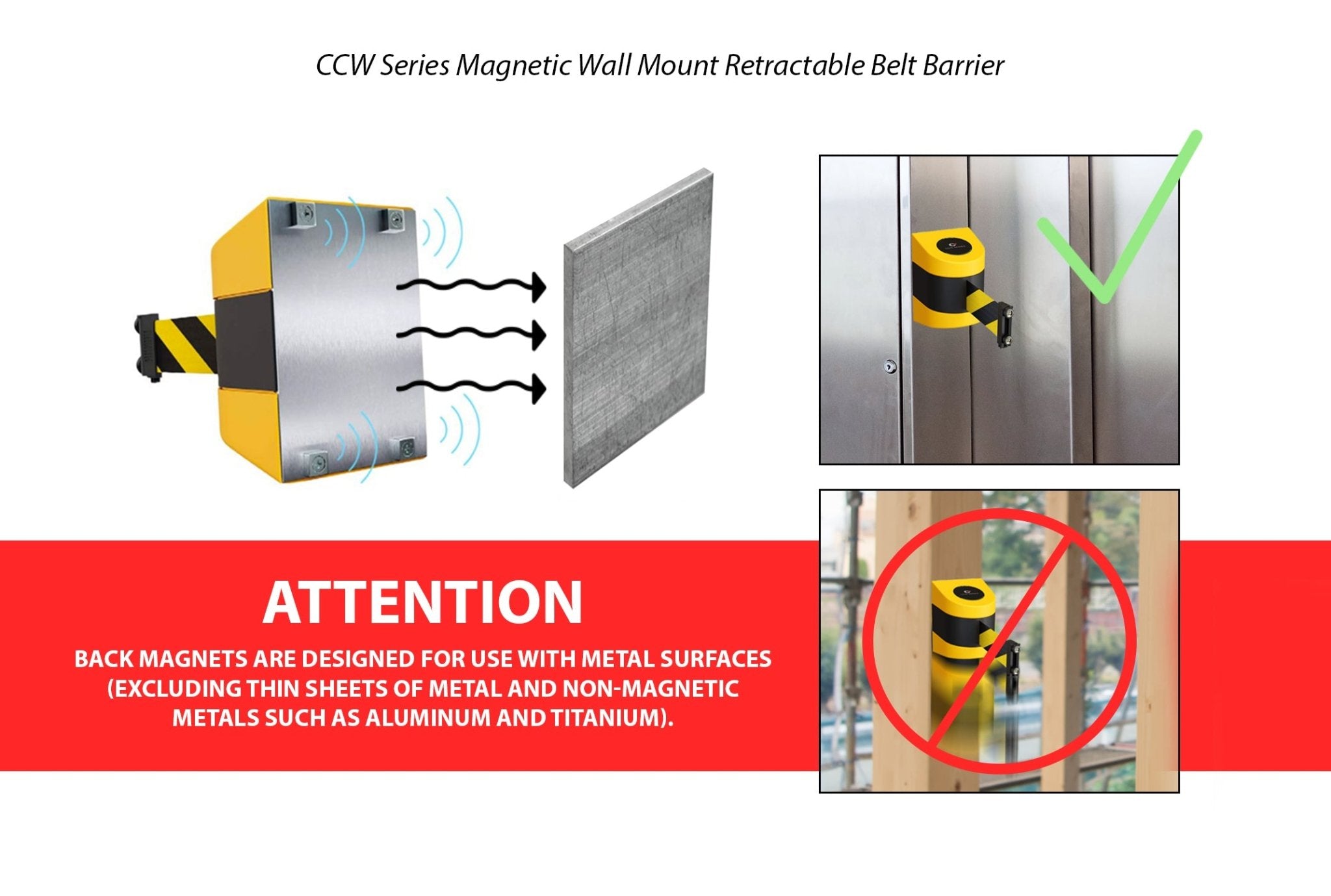 CCW Series WMB 230 - Wall Mounted Retractable Belt Barrier - Yellow Magnetic ABS Case - 20, 25 & 30 Ft. Belts - Crowd Control Warehouse