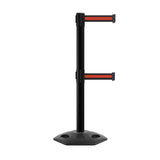Outdoor Safety Retractable Dual Belt Barrier, Rubber Base, Black Post - Montour Line MSR630D - Crowd Control Warehouse