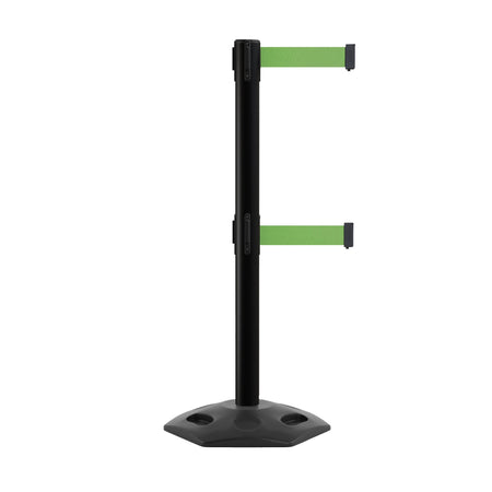 Outdoor Safety Retractable Dual Belt Barrier, Rubber Base, Black Post - Montour Line MSR630D - Crowd Control Warehouse