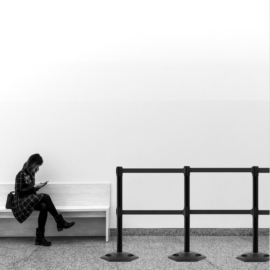 Outdoor Safety Retractable Dual Belt Barrier, Rubber Base, Black Post - Montour Line MSR630D - Crowd Control Warehouse