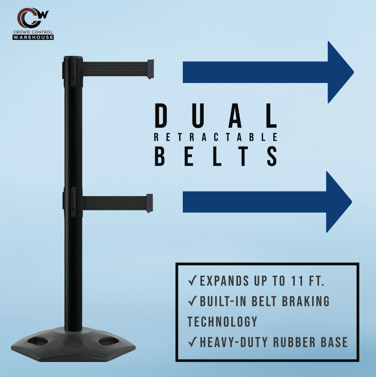 Outdoor Safety Retractable Dual Belt Barrier, Rubber Base, Black Post - Montour Line MSR630D - Crowd Control Warehouse