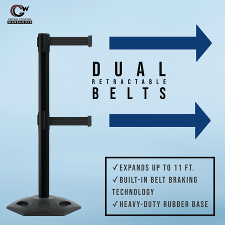 Outdoor Safety Retractable Dual Belt Barrier, Rubber Base, Black Post - Montour Line MSR630D - Crowd Control Warehouse