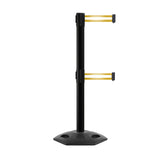 Outdoor Safety Retractable Dual Belt Barrier, Rubber Base, Black Post - Montour Line MSR630D - Crowd Control Warehouse