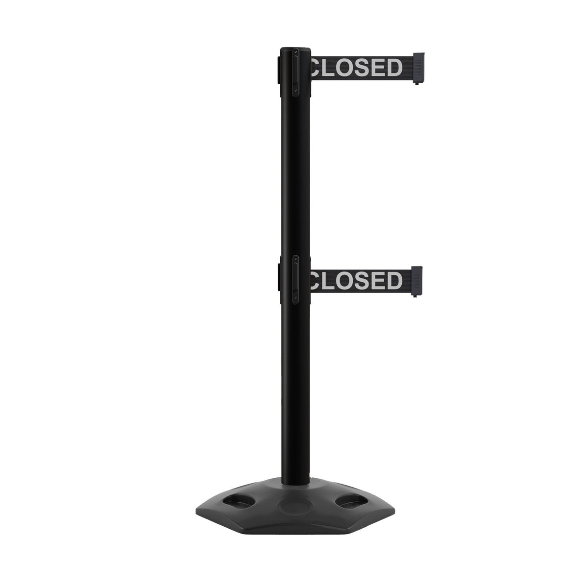 Outdoor Safety Retractable Dual Belt Barrier, Rubber Base, Black Post - Montour Line MSR630D - Crowd Control Warehouse