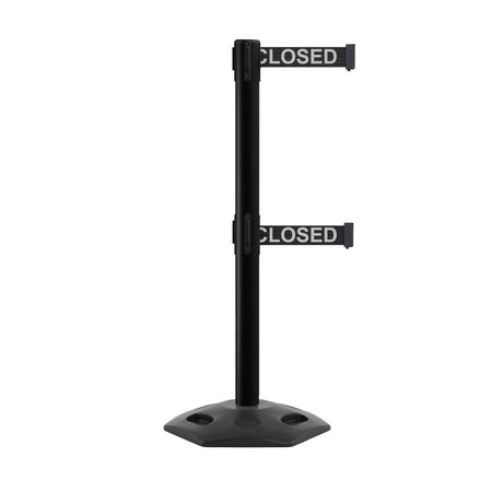 Outdoor Safety Retractable Dual Belt Barrier, Rubber Base, Black Post - Montour Line MSR630D - Crowd Control Warehouse