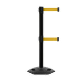 Outdoor Safety Retractable Dual Belt Barrier, Rubber Base, Black Post - Montour Line MSR630D - Crowd Control Warehouse