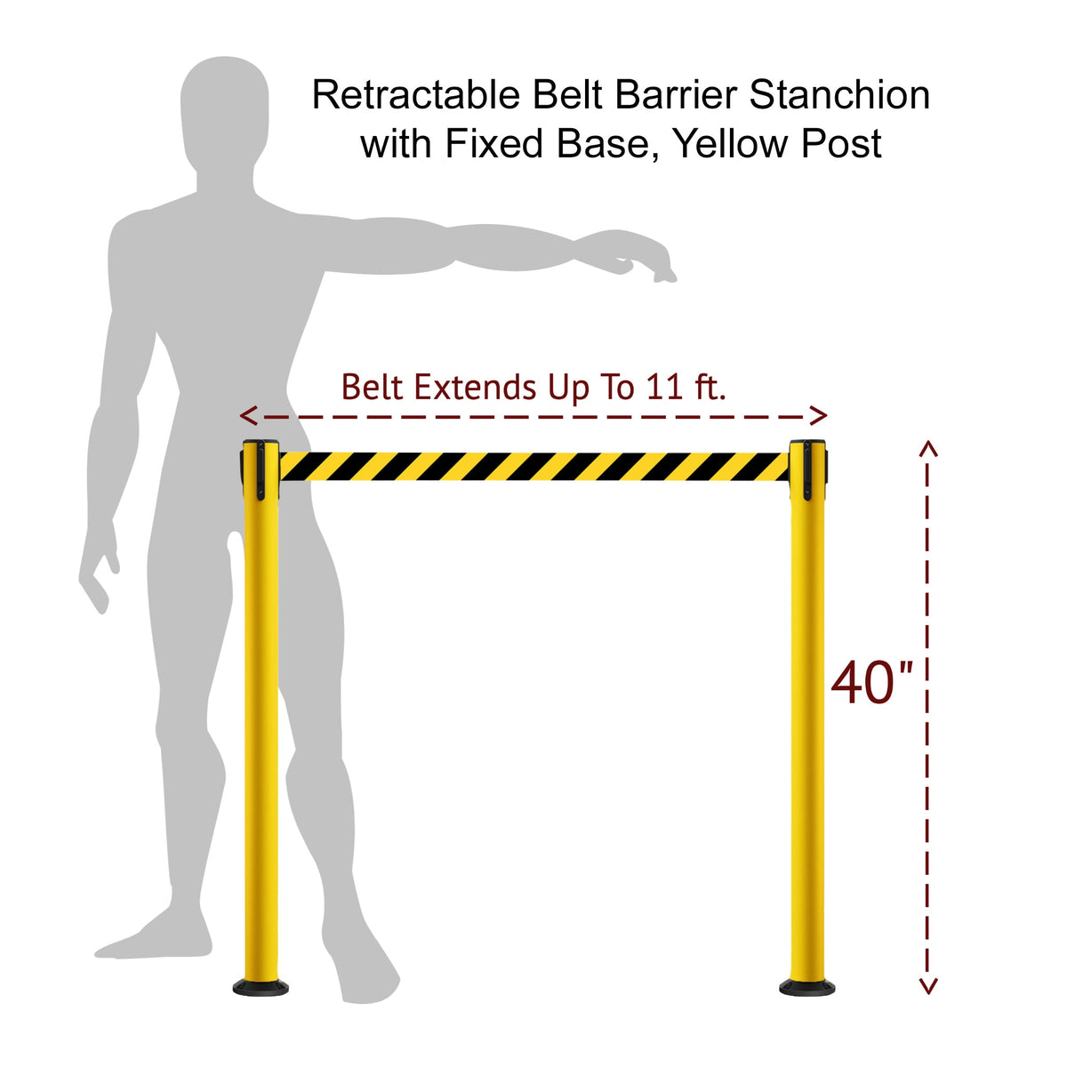 Retractable Belt Barrier Safety Stanchion, Fixed Base, Yellow Post, 11 Ft. Belt - Montour Line MSX630F - Crowd Control Warehouse