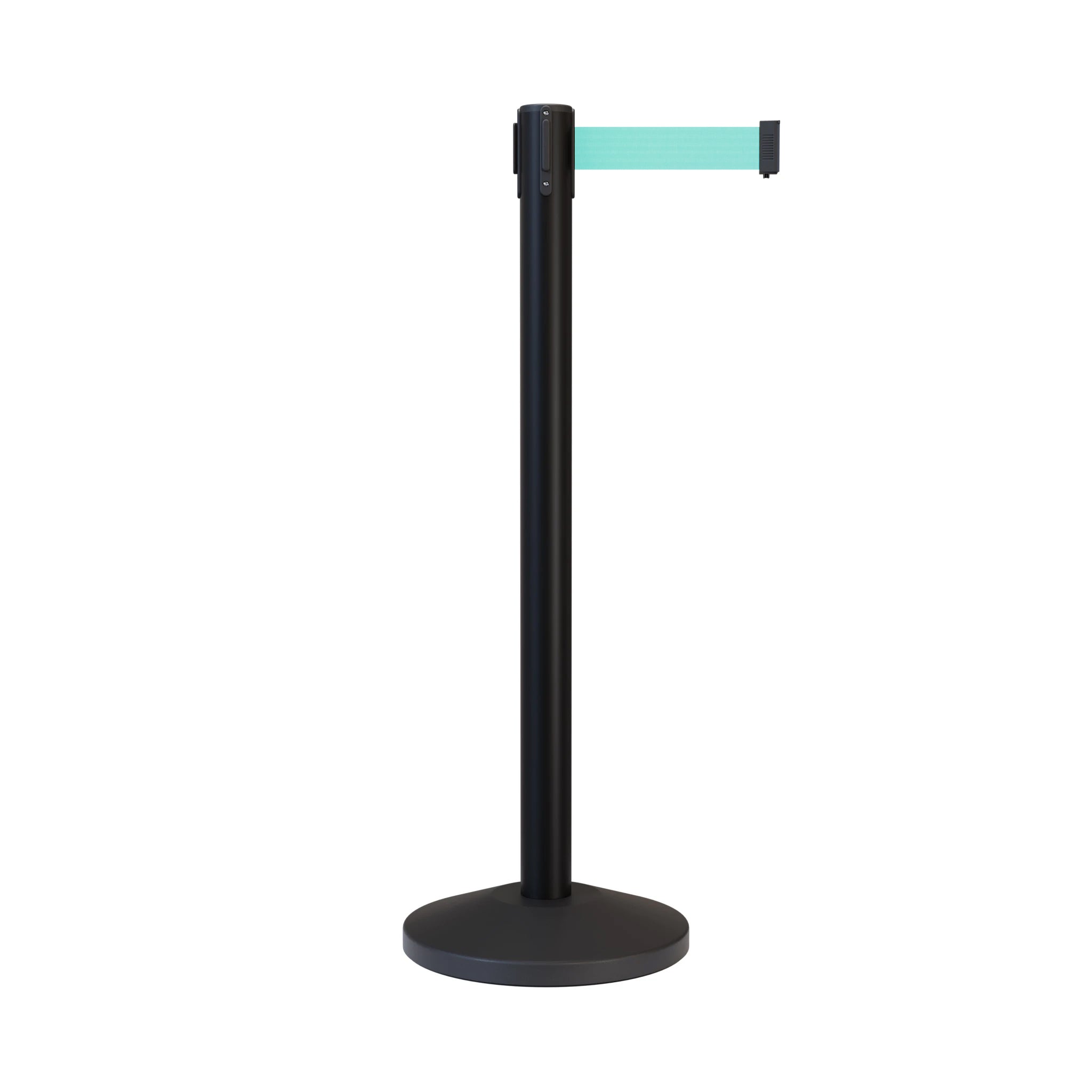 Retractable Belt Barrier Stanchion, Black Post, 7.5 Ft. Belt - CCW Series RBB - 100 - Crowd Control Warehouse