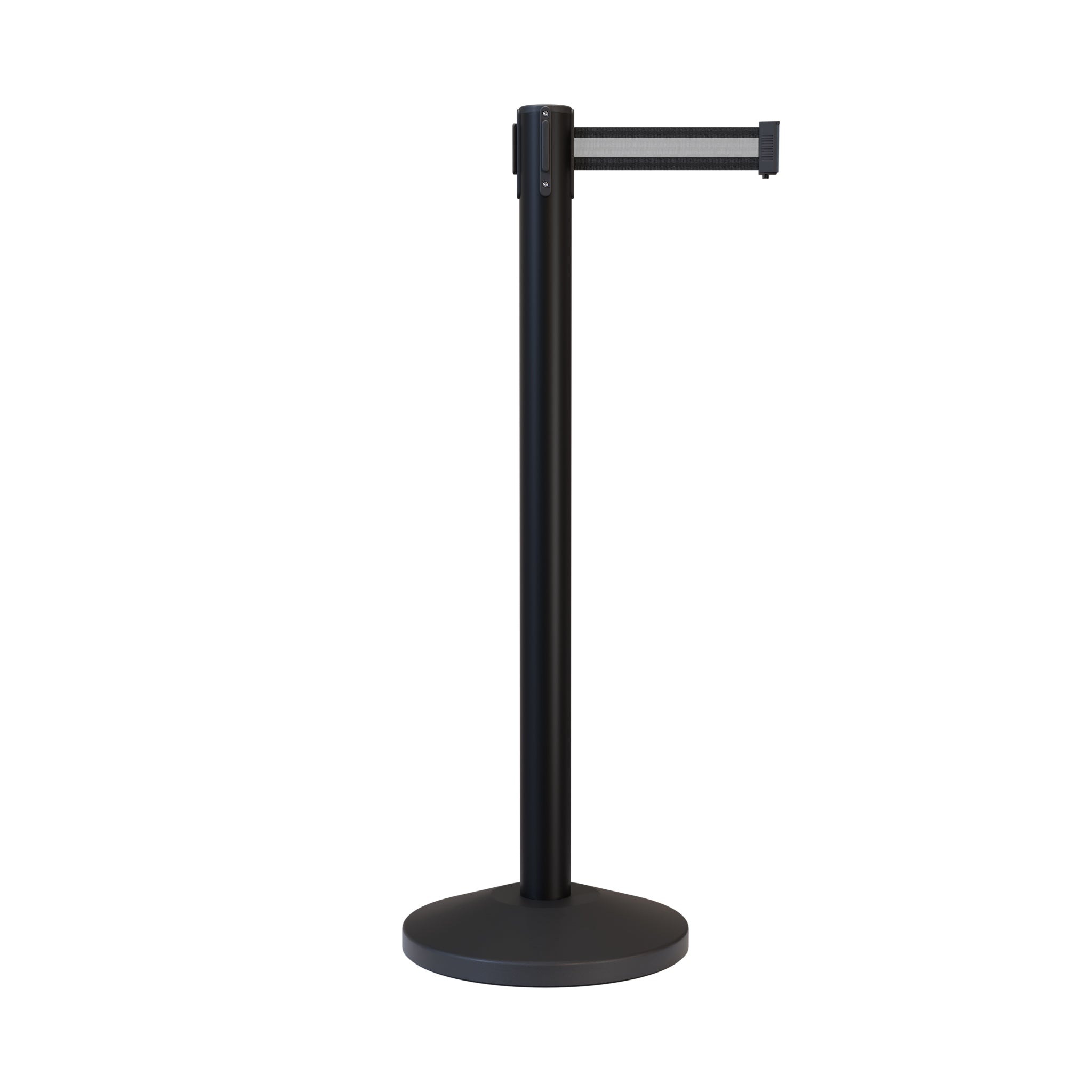Retractable Belt Barrier Stanchion, Black Post, 7.5 Ft. Belt - CCW Series RBB - 100 - Crowd Control Warehouse