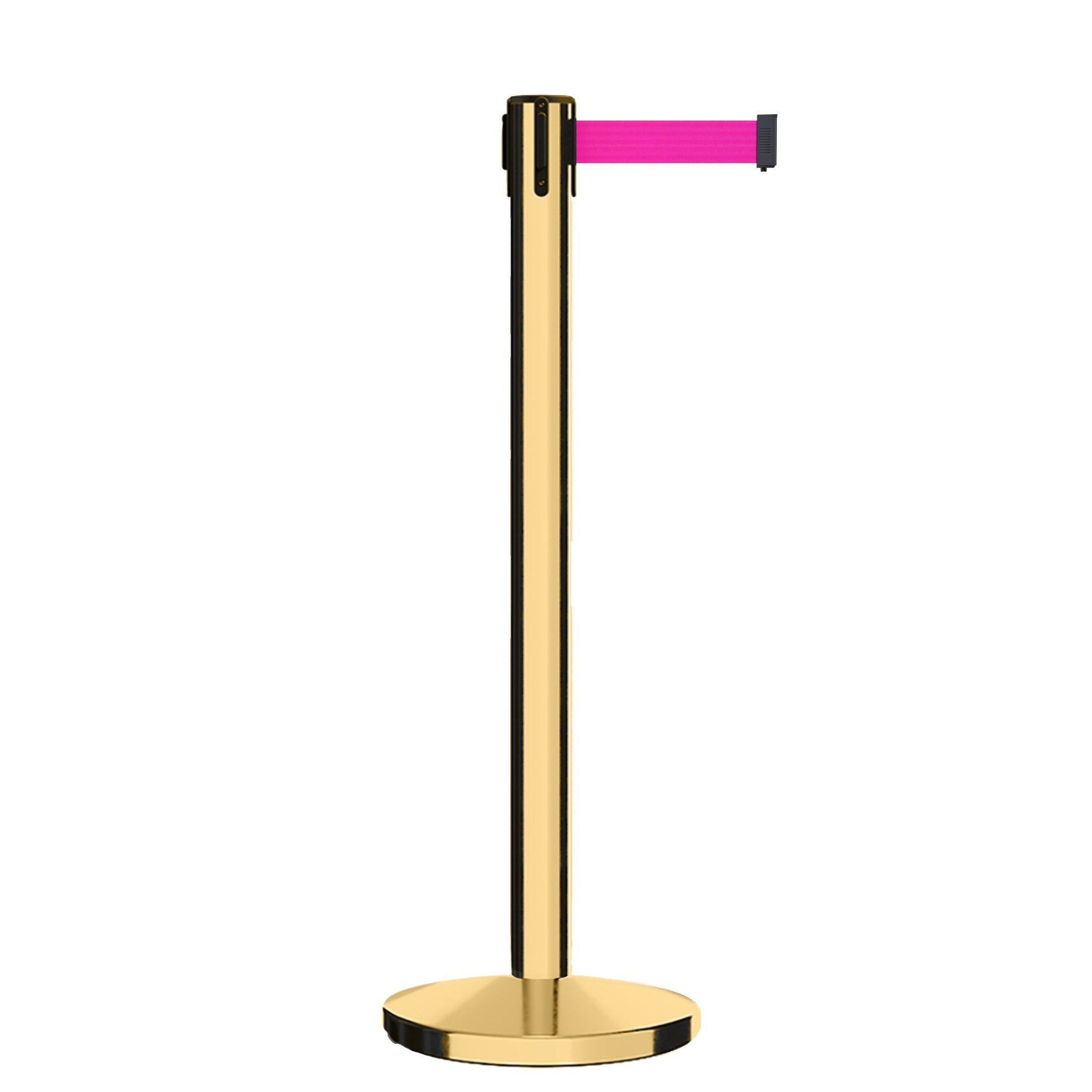 Retractable Belt Barrier Stanchion, Polished Brass Post, Cast Iron Base, 7.5 Ft. Belt - Montour Line MI630 - Crowd Control Warehouse