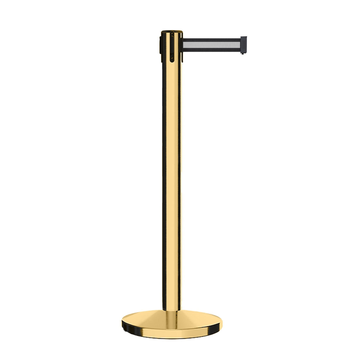 Retractable Belt Barrier Stanchion, Polished Brass Post, Cast Iron Base, 7.5 Ft. Belt - Montour Line MI630 - Crowd Control Warehouse