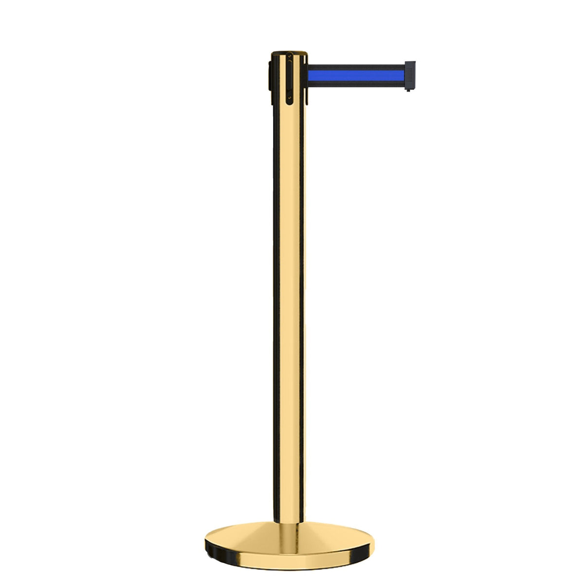 Retractable Belt Barrier Stanchion, Polished Brass Post, Cast Iron Base, 7.5 Ft. Belt - Montour Line MI630 - Crowd Control Warehouse
