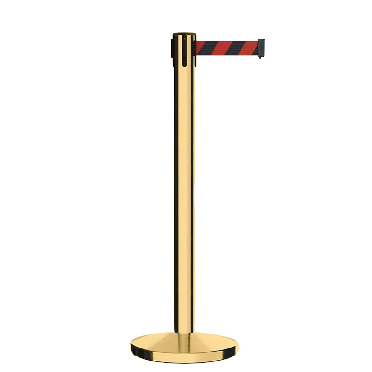 Retractable Belt Barrier Stanchion, Polished Brass Post, Cast Iron Base, 7.5 Ft. Belt - Montour Line MI630 - Crowd Control Warehouse