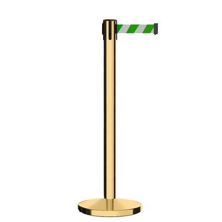 Retractable Belt Barrier Stanchion, Polished Brass Post, Cast Iron Base, 7.5 Ft. Belt - Montour Line MI630 - Crowd Control Warehouse