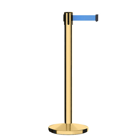 Retractable Belt Barrier Stanchion, Polished Brass Post, Cast Iron Base, 7.5 Ft. Belt - Montour Line MI630 - Crowd Control Warehouse