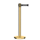 Retractable Belt Barrier Stanchion, Polished Brass Post, Cast Iron Base, 7.5 Ft. Belt - Montour Line MI630 - Crowd Control Warehouse