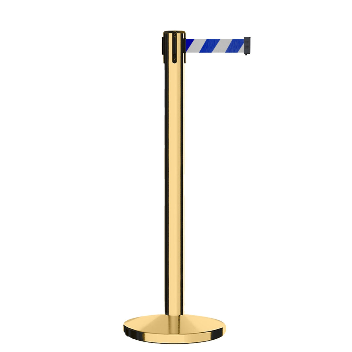 Retractable Belt Barrier Stanchion, Polished Brass Post, Cast Iron Base, 7.5 Ft. Belt - Montour Line MI630 - Crowd Control Warehouse