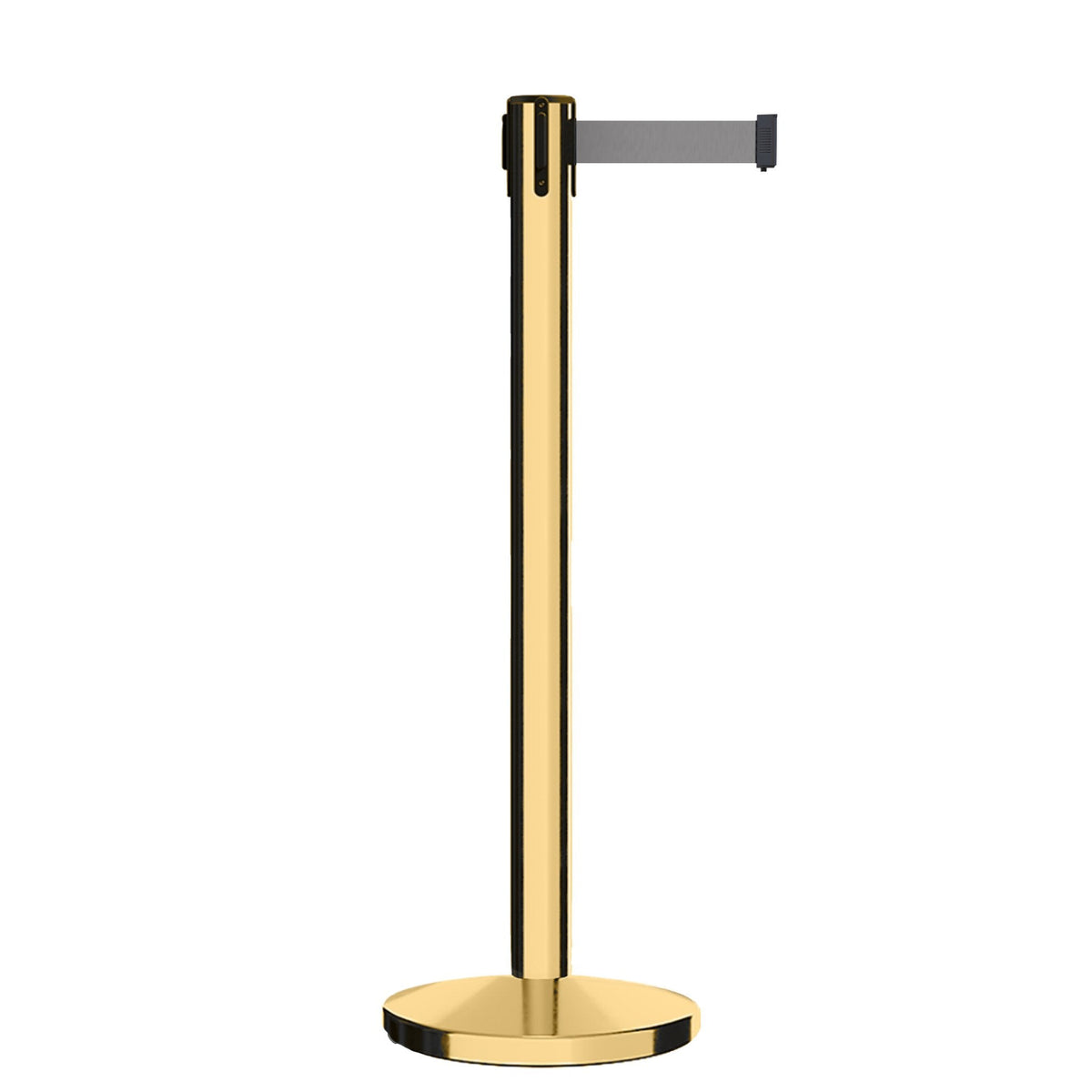 Retractable Belt Barrier Stanchion, Polished Brass Post, Cast Iron Base, 7.5 Ft. Belt - Montour Line MI630 - Crowd Control Warehouse
