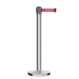 Retractable Belt Barrier Stanchion, Polished Stainless Steel Post, Cast Iron Base, 7.5 Ft. Belt - Montour Line MI630 - Crowd Control Warehouse