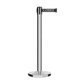 Retractable Belt Barrier Stanchion, Polished Stainless Steel Post, Cast Iron Base, 7.5 Ft. Belt - Montour Line MI630 - Crowd Control Warehouse