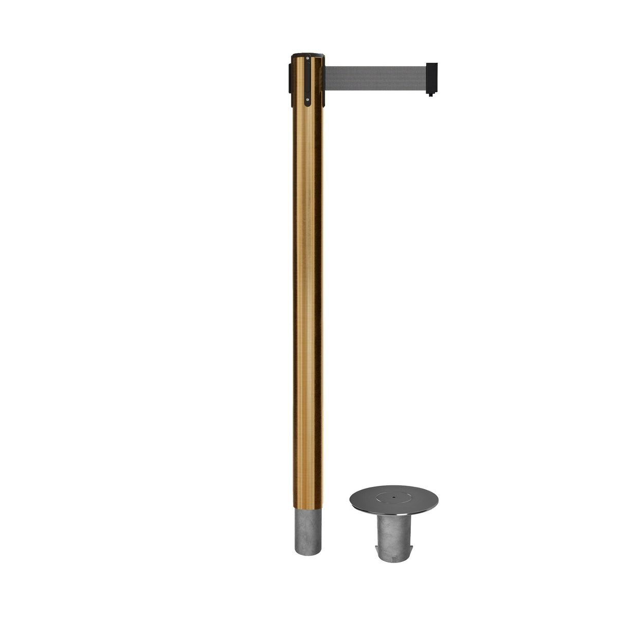 Retractable Belt Barrier Stanchion, Removable Base, Satin Brass Post, 11 Ft. Belt - Montour Line MX630R - Crowd Control Warehouse