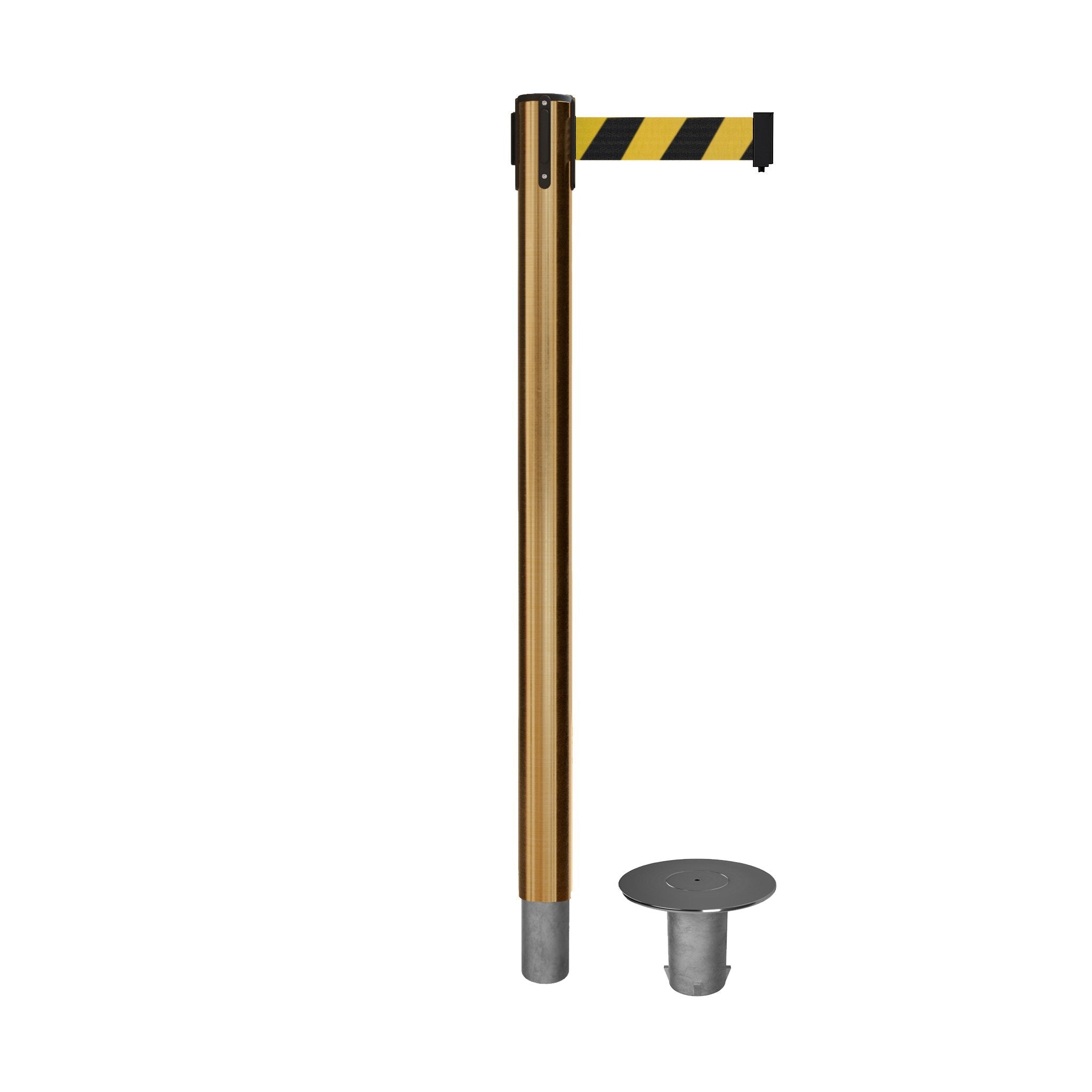 Retractable Belt Barrier Stanchion, Removable Base, Satin Brass Post, 11 Ft. Belt - Montour Line MX630R - Crowd Control Warehouse