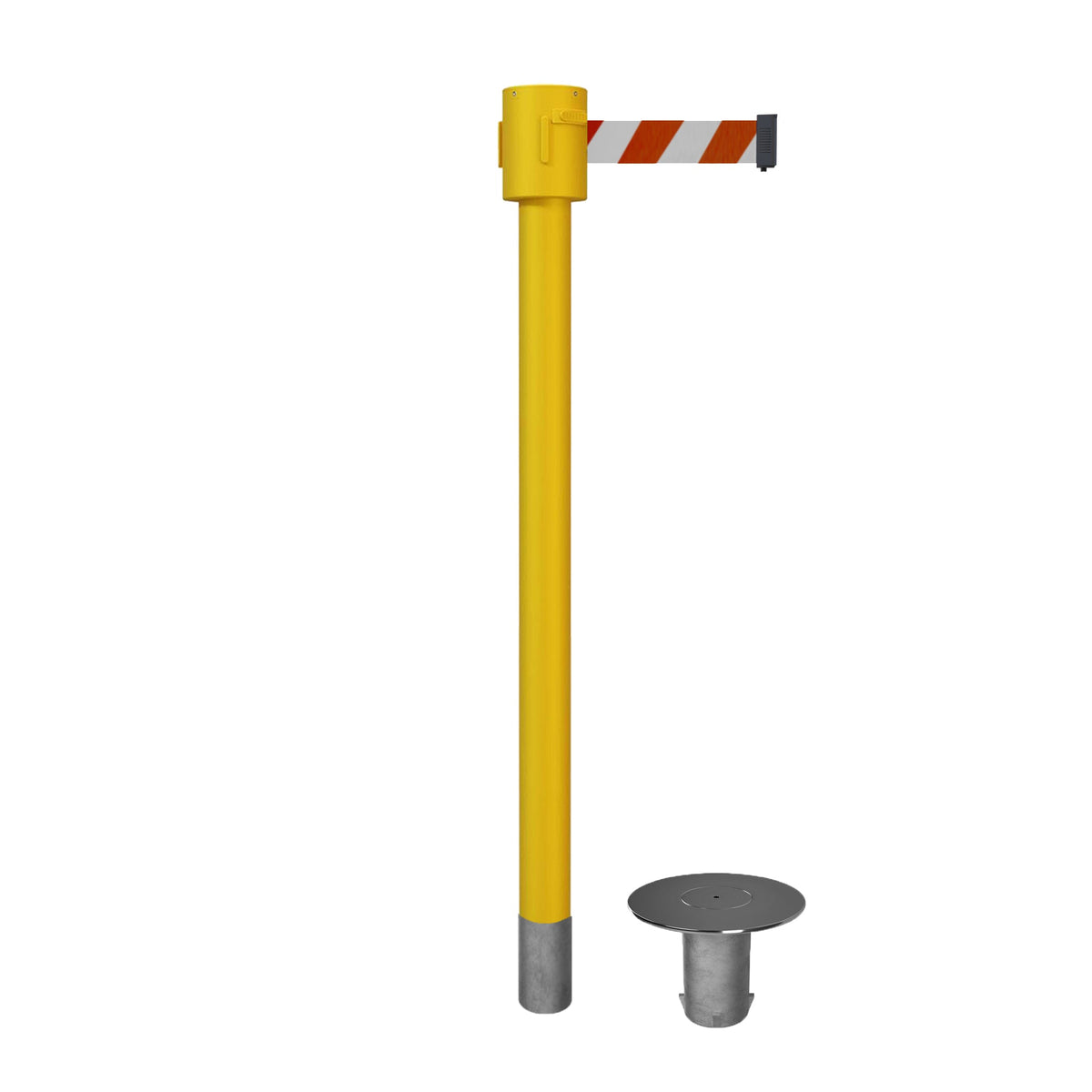 Retractable Belt Barrier Stanchion, Removable Base, Yellow Post, 35 ft Belt - Montour Line MSX760R - Crowd Control Warehouse