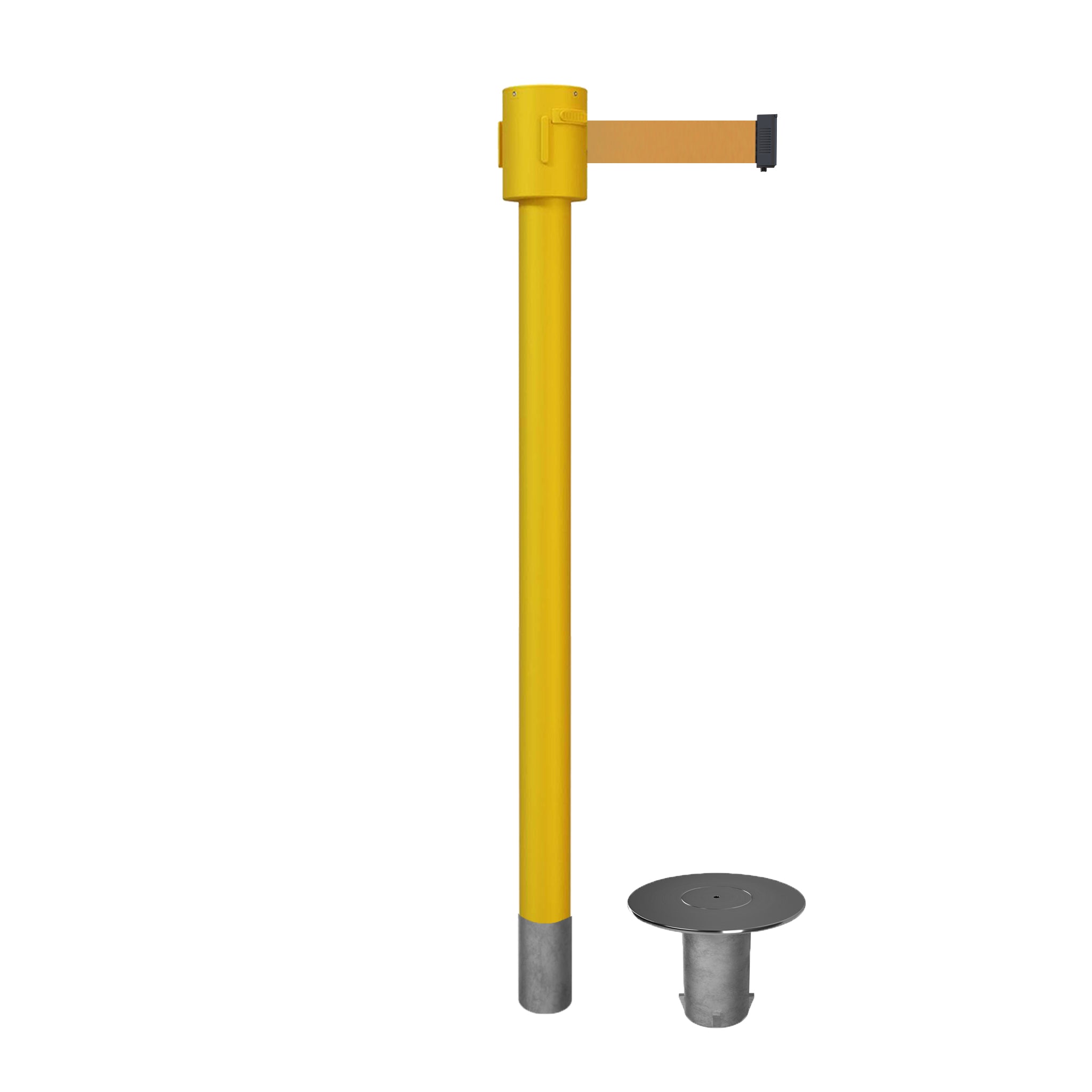 Retractable Belt Barrier Stanchion, Removable Base, Yellow Post, 35 ft Belt - Montour Line MSX760R - Crowd Control Warehouse