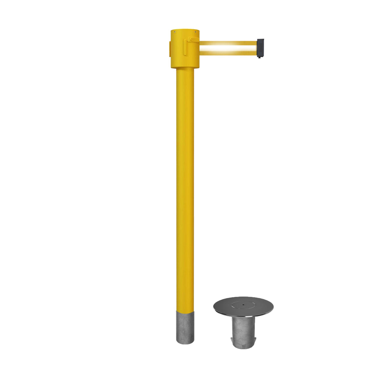 Retractable Belt Barrier Stanchion, Removable Base, Yellow Post, 35 ft Belt - Montour Line MSX760R - Crowd Control Warehouse