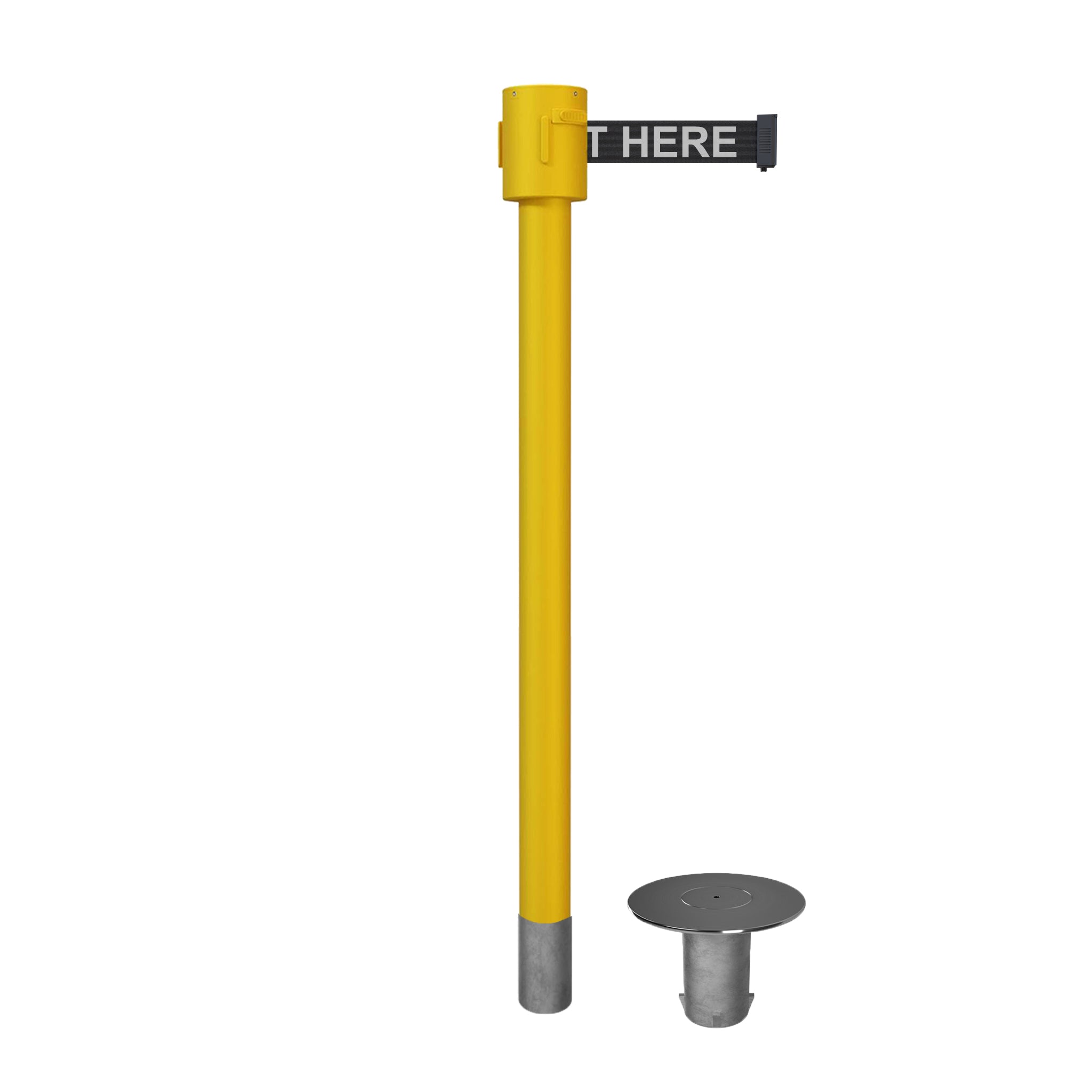 Retractable Belt Barrier Stanchion, Removable Base, Yellow Post, 35 ft Belt - Montour Line MSX760R - Crowd Control Warehouse