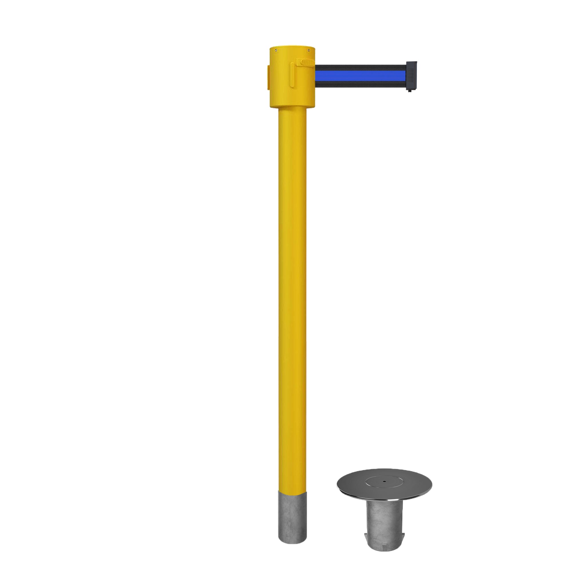 Retractable Belt Barrier Stanchion, Removable Base, Yellow Post, 35 ft Belt - Montour Line MSX760R - Crowd Control Warehouse