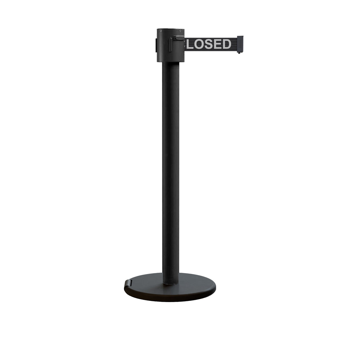 Retractable Belt Barrier Stanchion, Roller Base, Black Powder Coated Post, 35 ft Belt - Montour Line ME760 - Crowd Control Warehouse