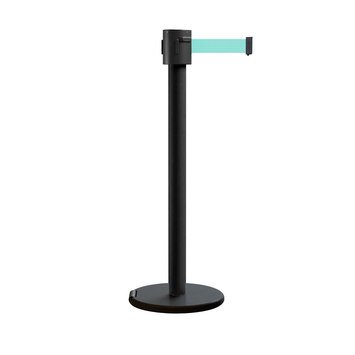 Retractable Belt Barrier Stanchion, Roller Base, Black Powder Coated Post, 35 ft Belt - Montour Line ME760 - Crowd Control Warehouse