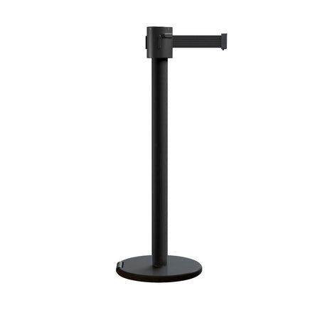 Retractable Belt Barrier Stanchion, Roller Base, Black Powder Coated Post, 35 ft Belt - Montour Line ME760 - Crowd Control Warehouse