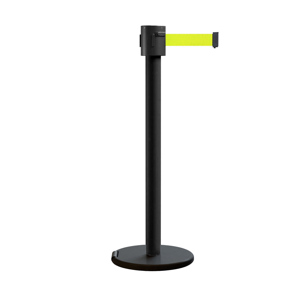 Retractable Belt Barrier Stanchion, Roller Base, Black Powder Coated Post, 35 ft Belt - Montour Line ME760 - Crowd Control Warehouse