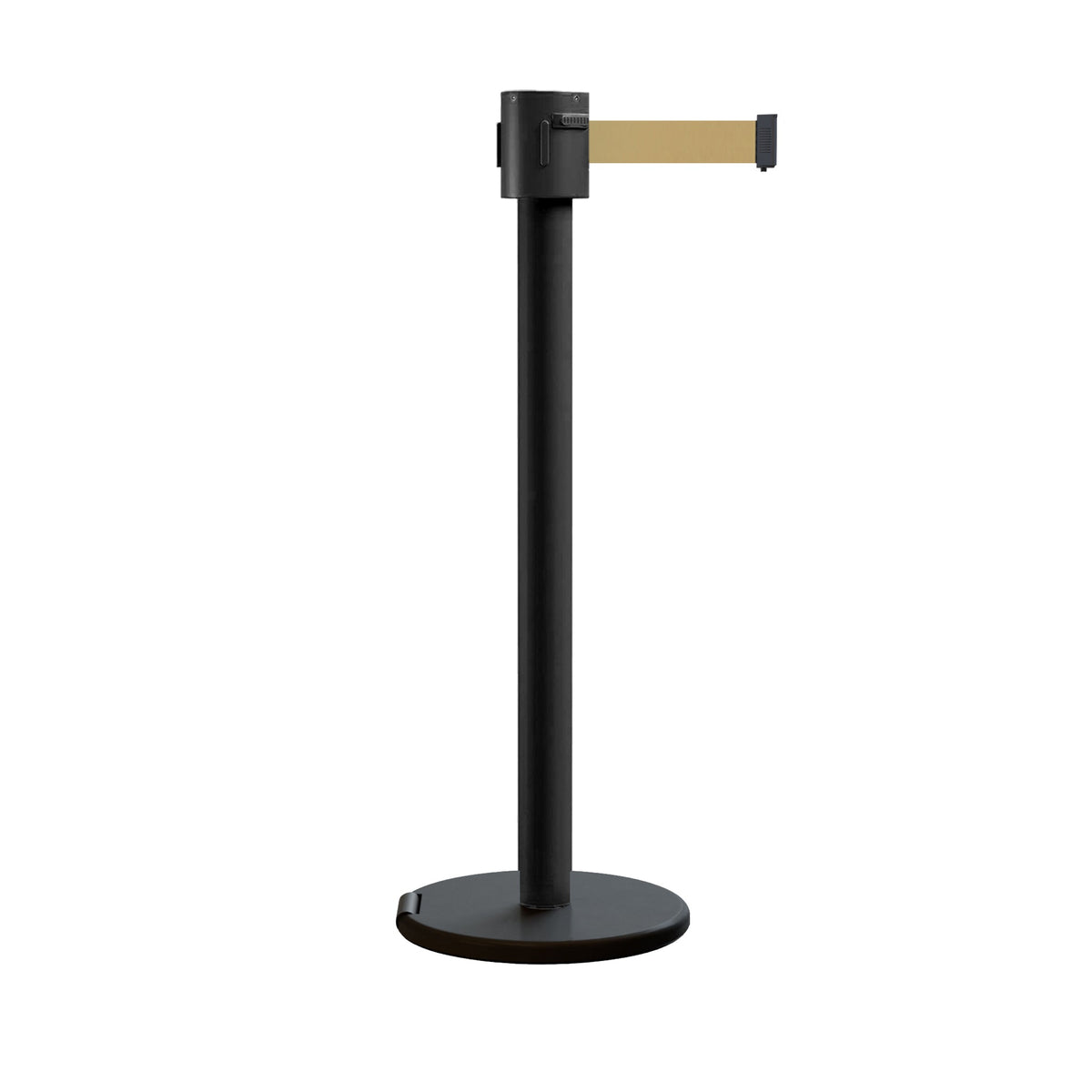 Retractable Belt Barrier Stanchion, Roller Base, Black Powder Coated Post, 35 ft Belt - Montour Line ME760 - Crowd Control Warehouse