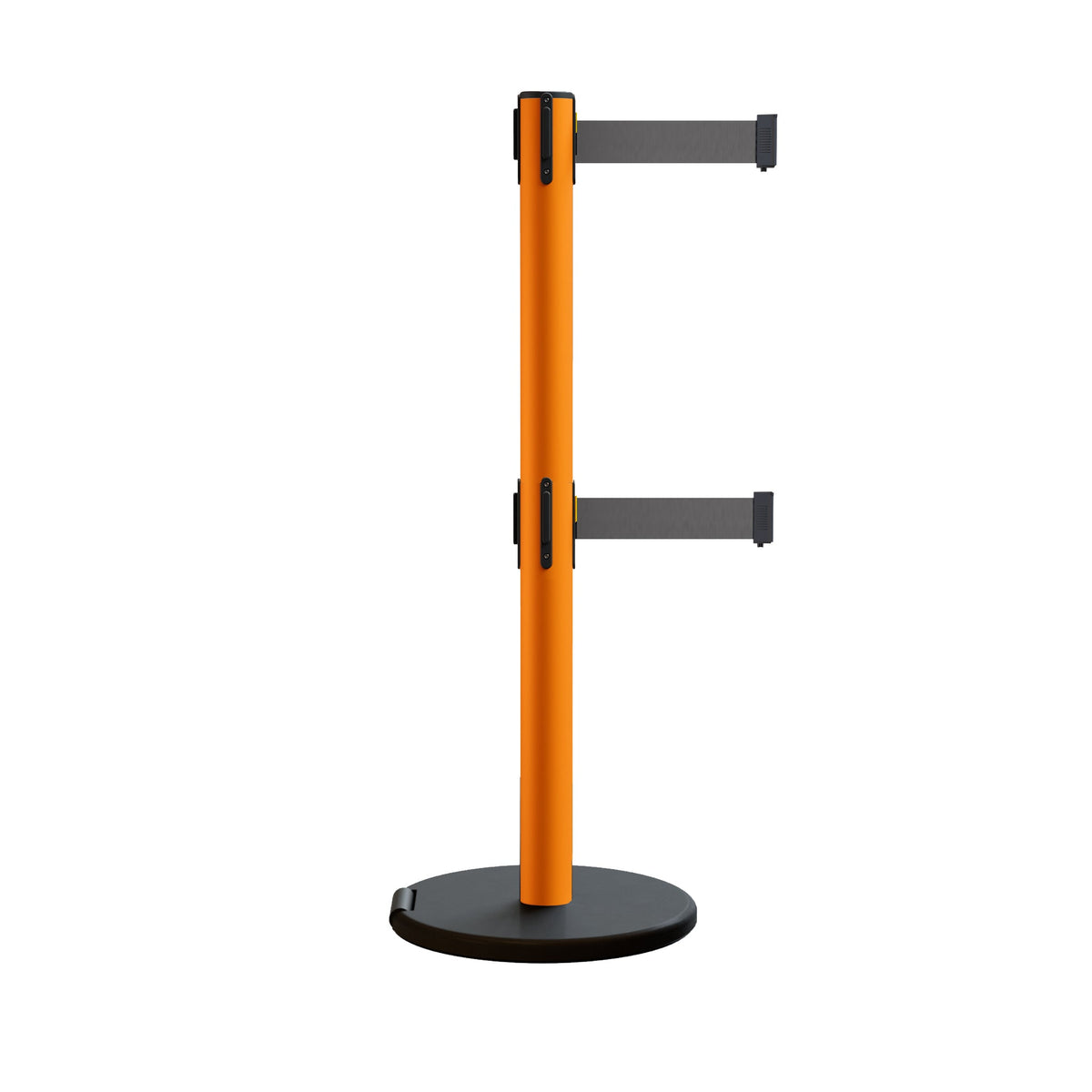 Retractable Belt Barrier Stanchion, Rolling Base, Orange Steel Post, 11 ft Dual Belt - Montour Line MSE630D - Crowd Control Warehouse